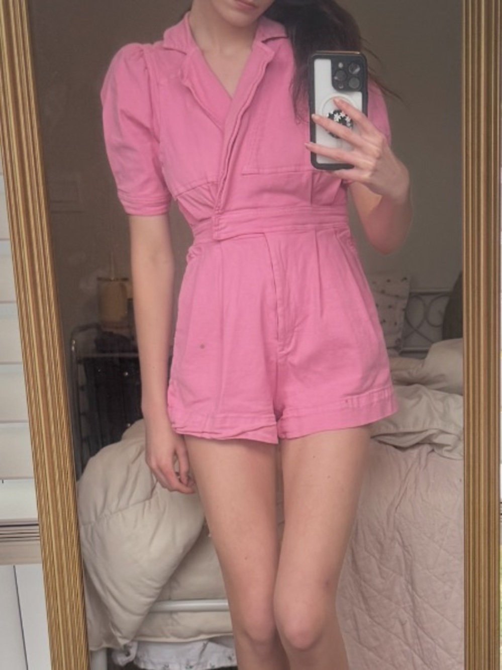 Pink Short Sleeve Romper with pockets